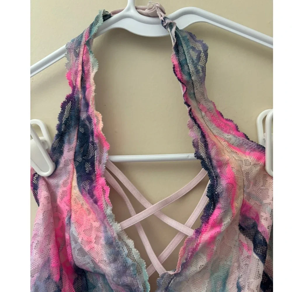 Victorias‎ Secret PINK Lace Halter Bralette Tie Dye Pink Blue XS
